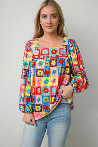 Printed Square Neck Balloon Sleeve Top Multicolor Woman Blouses
