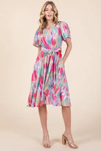 Lime N Chili watercolor print tie waist midi dress in pastel hues