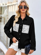Raw Hem Button Up Long Sleeve Denim Jacket with Sequin Pockets Woman Outerwear