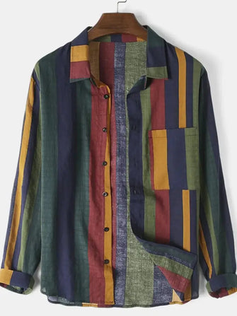 Men's Full Size Contrast Striped Button Down Shirt Plus Size Army Green Mens Tops