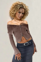 Double Take Ribbed Off-Shoulder Zip Up Long Sleeve Cardigan Woman Outerwear