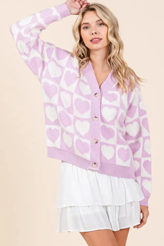 Mittoshop Checkered Heart Button Down Cardigan Lilac Woman Outerwear