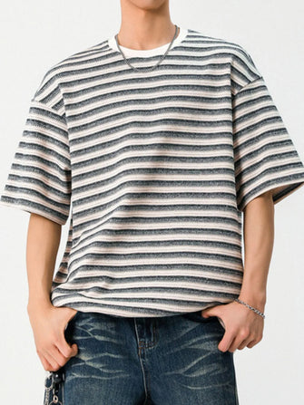 Men's Striped Round Neck Half Sleeve T-Shirt Beige