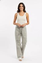 BiBi drawstring striped twill barrel pants in neutral beige and black with wide-leg cargo style and thigh patch pockets