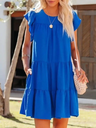 Ruffled Round Neck Cap Sleeve Mini Dress Royal Blue Casual Dresses