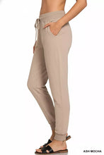 Ash mocha-colored zenana drawstring cotton joggers with a waistband and side pockets for comfortable wear