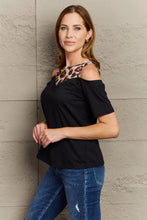 Perfee Leopard Print Round Neck Cold Shoulder Blouse Woman Blouses