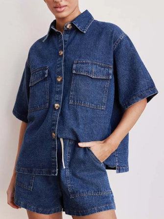 Button Up Half Sleeve Denim Shirt Medium