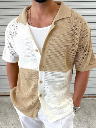 Men's Contrast Button Down Hollow Out Shirt Khaki
