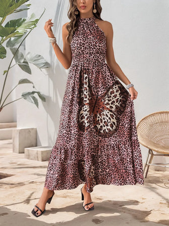 Butterfly Leopard Grecian Neck Maxi Dress Leopard