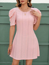 Eyelet Round Neck Puff Short Sleeve Mini Dress