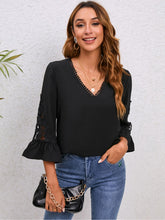 V-Neck Lace Detail Flounce Sleeve Blouse Black Woman Blouses