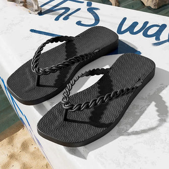 Braided Strap Beach Toe Post Slippers Black