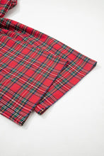 Red plaid wide-leg pants fabric featuring intersecting green and white stripes in a soft material