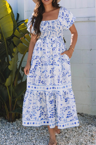 Smocked Printed Square Neck Puff Sleeve Dress Royal Blue