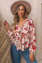 Floral V-Neck Drawstring Peplum Blouse Multicolor Woman Blouses