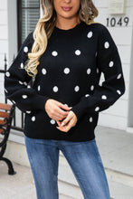 Angel Wings Woven Right Polka Dot Round Neck Dropped Shoulder Sweater Black