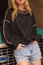 Valentine’s Day Rhinestone Heart Round Neck Long Sleeve Sweatshirt Black