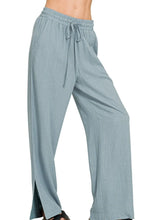 Light blue zenana linen drawstring loose-fitting wide-leg linen drawstring pants with elastic waistband and drawstring