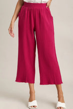 Crimped magenta umgee wide-leg pants with raw hem high-waisted elastic waistband plus size design