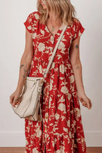 Floral Print Buttoned Front V Neck Tiered Short Sleeve Midi Dress Woman Dress