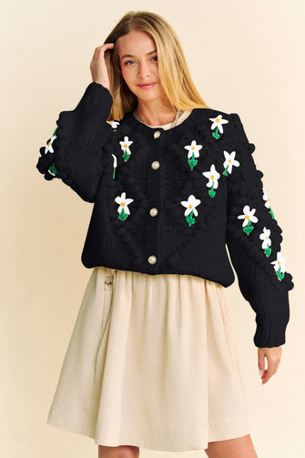Davi & Dani Floral Pattern Button Down Cardigan Black