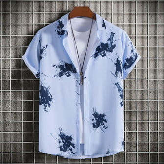 Men's Plus Size Ink Splash Pattern Short Sleeve Casual Shirt Light Blue
