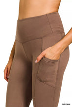 Brown high-waisted flare pants in brushed dty microfiber with a side pocket from Zenana collection