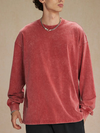 Men's Oversized Washed Round Neck T-Shirt Deep Red