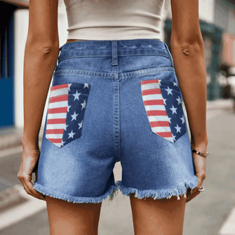 US Flag Distressed Denim Shorts Cerulean Denim Shorts