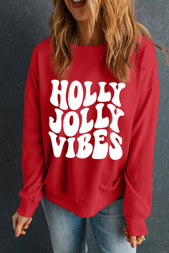 Letter Graphic Round Neck Long Sleeve Sweatshirt Scarlet