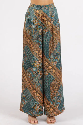 Mittoshop Paisley Patchwork Print Satin Wide Leg Pants Teal Green