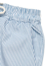 Light blue and white cotton drawstring striped wide leg shorts with elastic waistband and vertical stripes