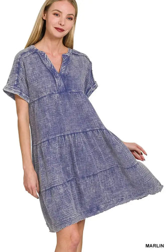 Zenana Washed Double Gauze Raw Edge V-neck Dress MARLIN Casual Dresses