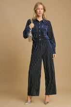 Umgee navy blue and black vertically striped velvet pants with elastic waistband and button-up front design