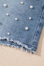 Pearl Beaded Raw Hem Wash Denim Shorts Denim Shorts