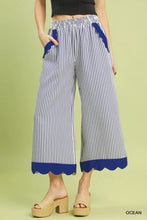 Umgee stripe scallop wide leg pants in blue and white stripe with scallop hem and pocket flap detail