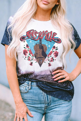 Guitar Graphic Round Neck Short Sleeve T-Shirt Black