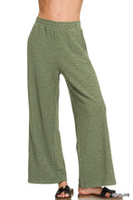 Light olive zenana cotton slub wide leg pants with soft textured fabric and elastic waistband for comfort