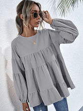 Shiny Round Neck Dropped Shoulder Tiered Blouse Woman Blouses