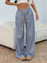 Blue and white drawstring striped wide leg pants with elastic waistband for comfortable casual wear