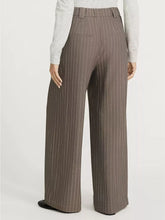 Brown pinstripe wide leg pants with a high waist and belt loops featured in striped wide leg trousers design
