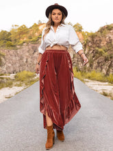 Plus size velvet ruffle hem wide leg pants in rust with layered ruffles and high slit for elegant flow