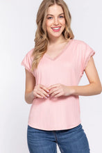 ACTIVE BASIC Lace Trim V-Neck Short Sleeve Ribbed Top PINK