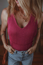 Ribbed Textured Exposed Stitching Knit Tank Top Cerise