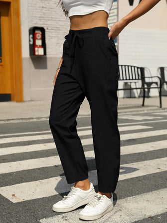 Elastic Waist Tapered Pants Black