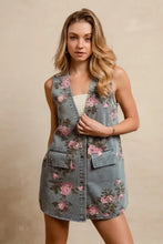 BiBi Floral Print Washed Denim Long Rider Vest Medium Woman Outerwear