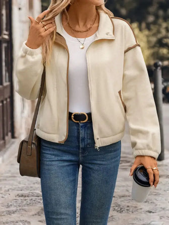 Perfee Zip Up Dropped Shoulder Polar Fleece Jacket Cream Woman Outerwear
