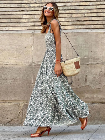Smocked Printed Square Neck Sleeveless Dress Dark Green Woman Maxi Dress