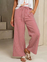 Red and white gingham print wide leg casual pants with drawstring waist for comfortable everyday wear